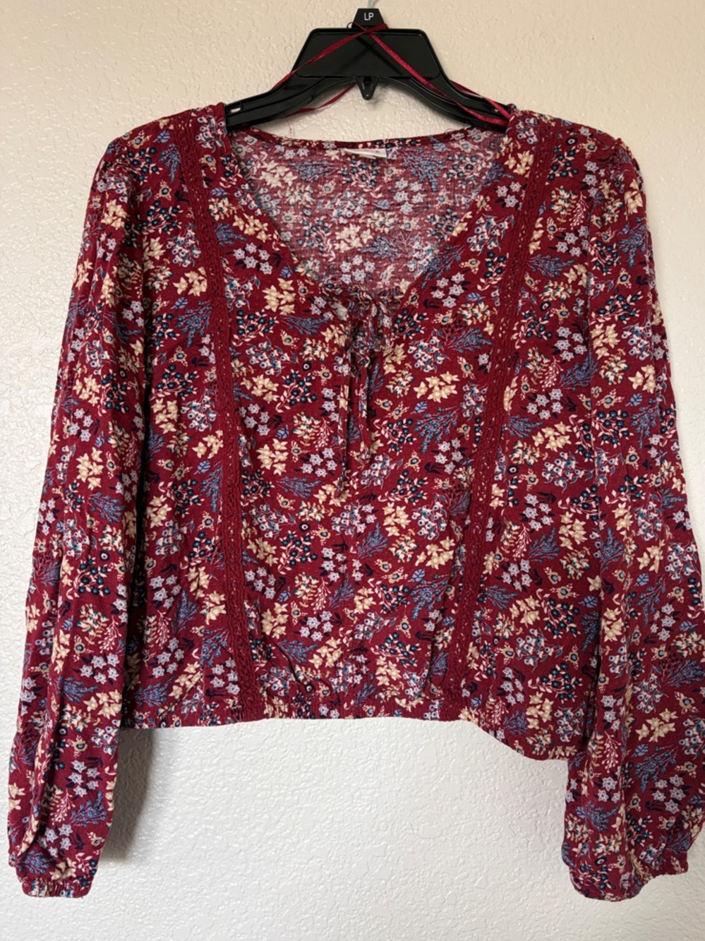 Floral Lace-Trim Peasant Blouse - Burgundy
